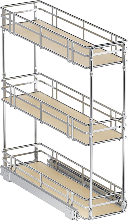 7" W x 20.5" D 3-Tier Pull Out Spice Rack Organizer, Solid Wood Base Slide Out Cabinet Shelf for Narrow Kitchen Cabinets, Chrome Pantry Storage