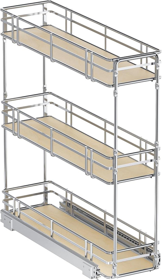 7" W x 20.5" D 3-Tier Pull Out Spice Rack Organizer, Solid Wood Base Slide Out Cabinet Shelf for Narrow Kitchen Cabinets, Chrome Pantry Storage