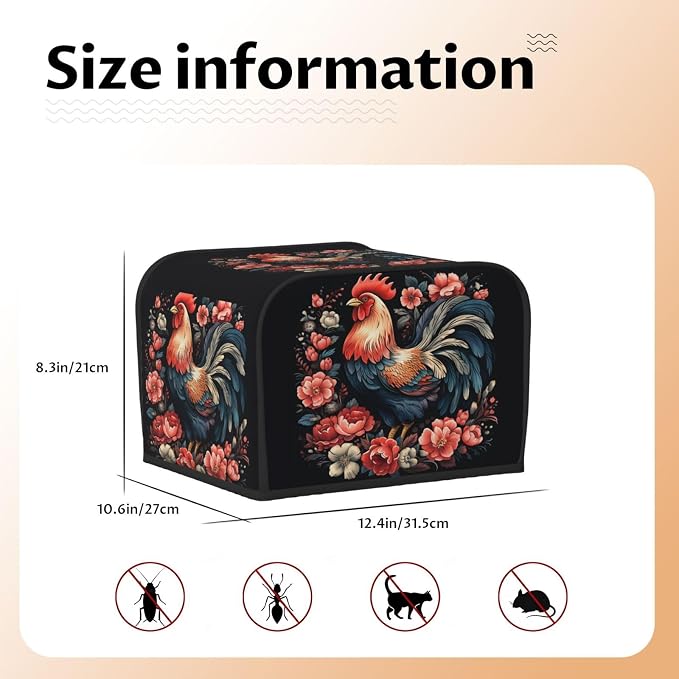 Rooster Chicken Floral 4 Slice Toaster Cover Wide Slot Dustproof Bread Maker Cover Fingerprint Bakeware Protection Kitchen Appliance Cover Toaster Bag