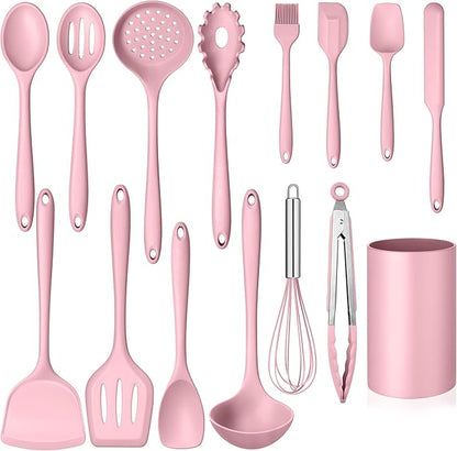 Homikit 15-Piece Kitchen Utensil Set, Silicone Cooking Utensils Spatula Set with Holder for Nonstick Cookware, Heat Resistant Kitchen Tools Gadgets for Cooking and Baking-Pink