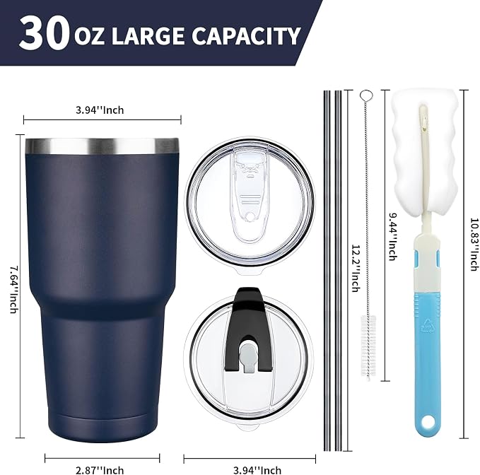 30 oz Tumbler with Lids and Straws, Stainless Steel Insulated Coffee Tumbler, Double Wall Vacuum Insulated Travel Mug Cup, Leakproof Thermal Coffee Cup for Hot and Cold Drinks (Navy Blue)