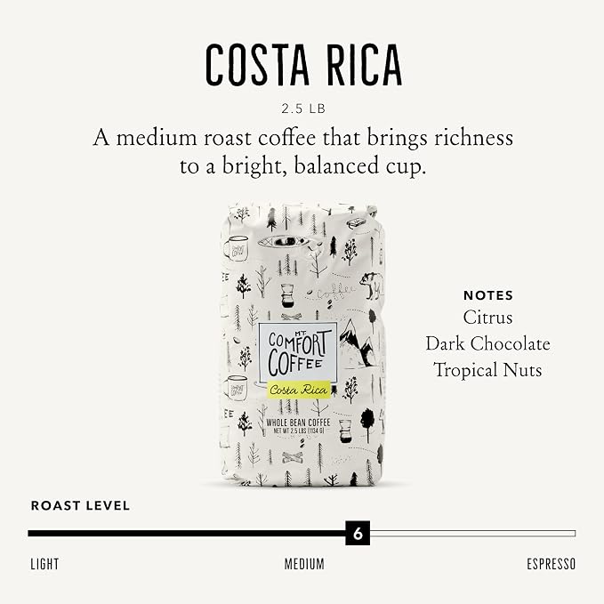 Mt. Comfort Coffee Costa Rica Medium Roast, 2.5lb - Sourced From Local, Costa Rican Coffee Farms - Roasted Whole Bean