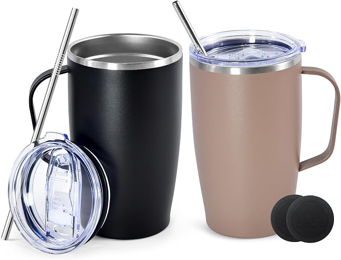 16oz Insulated Coffee Mug with Lid, 2Pack Stainless Steel Tumbler with Handle, Double Wall Vacuum Travel Coffee Mug with Handle for Working Travel Driving, Black&Moca