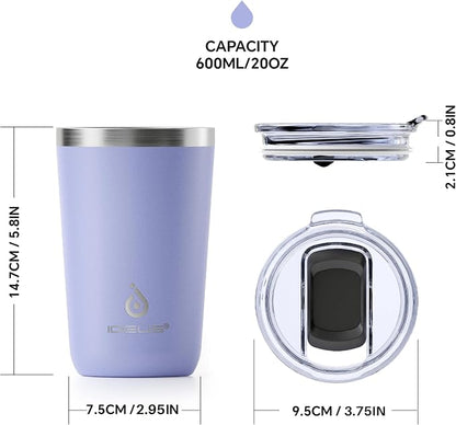 Ideus 20 oz Tumbler, Travel Coffee Mug with Splash Proof Sliding Lid, Double Wall Stainless Steel Vacuum Insulated Coffee Mug for Home and Office, Keep Beverages Hot or Cold, Lavender Purple