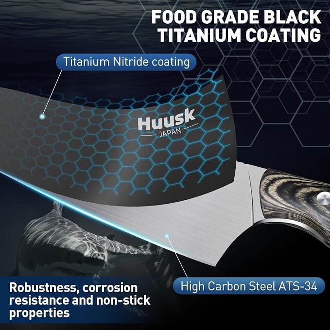 Huusk Butcher Knife Set 2PC-Sharp Meat Cleaver Full Tang Boning Knife with Leather Sheath Titanium Plated Kitchen Chef Knives for Outdoor Camping Thanksgiving Christmas Black