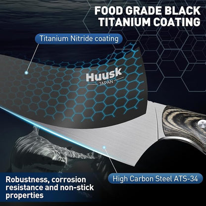 Huusk Butcher Knife Set 2PC-Sharp Meat Cleaver Full Tang Boning Knife with Leather Sheath Titanium Plated Kitchen Chef Knives for Outdoor Camping Thanksgiving Christmas Black