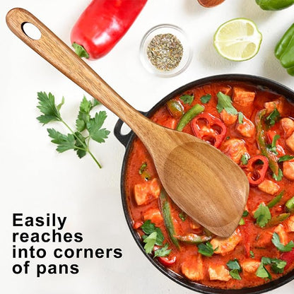 Large Wooden Spoons for Cooking Spatula Non Toxic Acacia Wood Kitchen Utensil Best Cooking Spoon for Mixing Serving Non Stick Bamboo Kitchen Utensils Big Corner Stirring Spoon Long Handle Teak Spatula