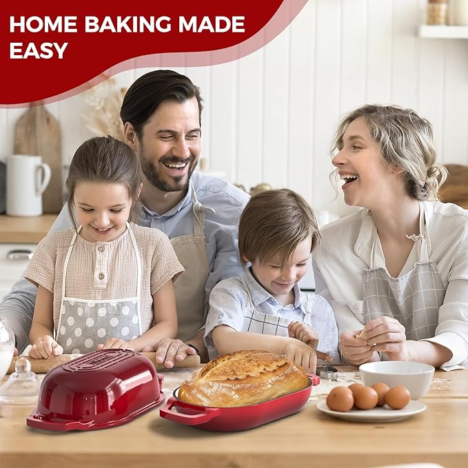 Enameled Cast Iron Bread Oven, Wildone 5.5QT Cast Iron Dutch Oven for Homemade Sourdough Bread Baking, Bread Pan with Lid & Cotton Potholders, Red