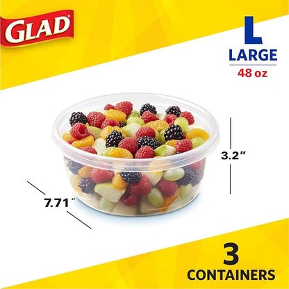 Glad GladWare Big Bowl Food Storage Containers with Lids, Large Round No BPA Plastic Containers for Soups, Salads, and Meal Prep, Lock Tight Seal, Microwave Dishwasher Safe, 48 Oz, 3 Count