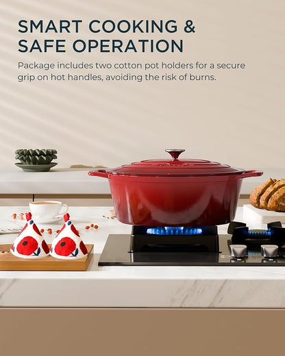 Enameled Cast Iron Dutch Oven - 9.3QT Dutch Oven Pot with Lid & Cotton Potholders - Heavy-Duty Non Stick Casserole Pot for Braising, Stews, Roasting, Baking, Suitable for All Stovetops, Cherry Red