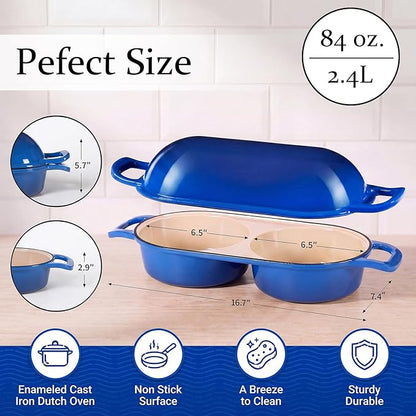 Cast Iron Dutch Oven for Sourdough Bread Baking, Enameled Bread Pot with Lid, Nonstick Double Loaf Pan for Homemade Bread, Cake & Meatloaf, Oven Safe to 500°F, 16.5cm Diameter, Blue