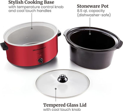 Elite Gourmet MST-900RXT Electric Ceramic XL Jumbo Slow Cooker, Adjustable Temp, Entrees, Sauces, Stews & Dips, Dishwasher Safe Glass Lid & Crock, 8.5Qt, Metallic Red