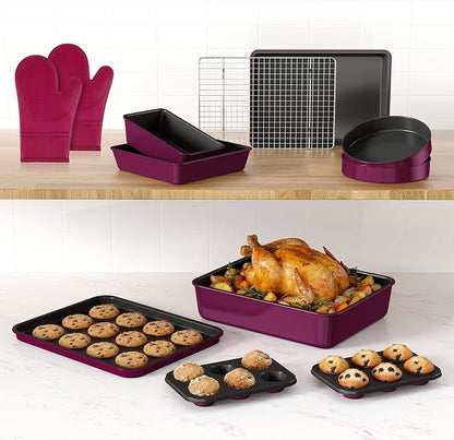 Wildone 13-Piece Baking Pans Set Nonstick - Stackable Bakeware Sets Including Cookie Sheets for Baking, Rack, Muffin Pan, Cake pan, Loaf Pan, Roasting Pan, Heavy Duty & Easy Clean, Plum