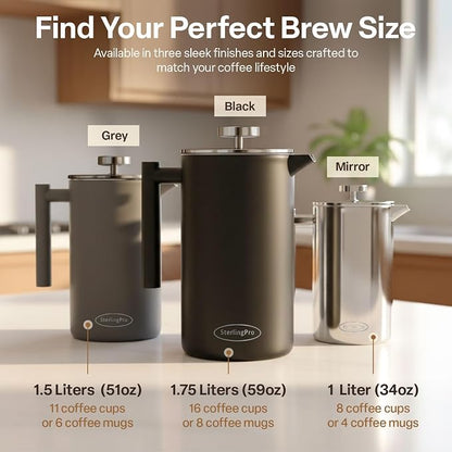 SterlingPro Extra Large Insulated Stainless Steel French Press Coffee Maker 59oz – Insulated Metal XL Double Wall Coffee Maker | Plastic Free | Cool-Touch | Black Finish | Makes up to 16 cups / 8 mugs