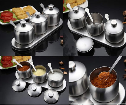 TENTA KITCHEN TENT 18/8 Stainless Steel Seasoning Containers Set Spice Jar Spice Rack Condiment Cruet Bottle Salt Pepper Sugar Storage Organizers with 3 Serving Spoons And Non-slip Base