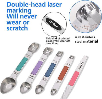 Stainless Steel Magnetic Measuring Spoons Set, Heavy Duty Metal Kitchen Gadgets for Baking & Cooking, Fits in Most Kitchen Spice Jars, Set of 4 with Leveler (Multicolor)