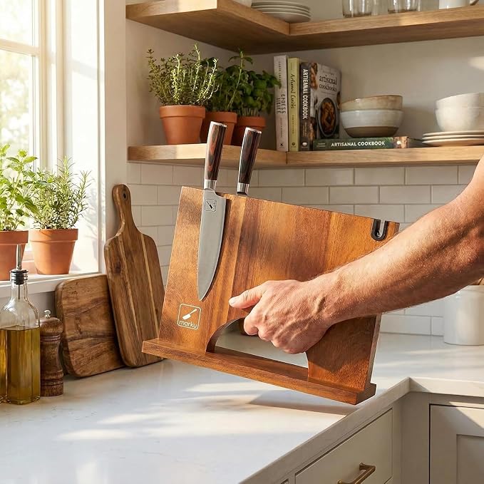 Imarku Magnetic Knife Block with Built-in Handle, Double Sided Acacia Wood Magnetic Knife Holder for Kitchen Counter, Magnetic Knife Storage Stand with Knife Sharpener, Easy to Clean & Move