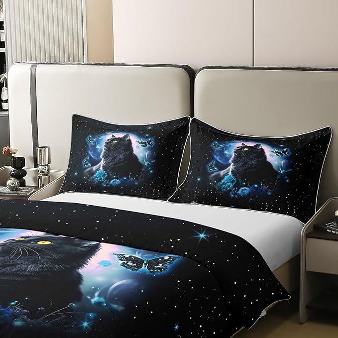 Mysterious Cat 100% Cotton Bedding Set Blue Flower Butterfly Comforter Cover Set for Kids Teens Bedroom Decor Fantasy Galaxy Starry Sky Duvet Cover Breathable Full Size 3 PCS(No Comforter)