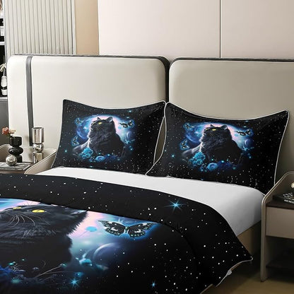 Mysterious Cat 100% Cotton Bedding Set Blue Flower Butterfly Comforter Cover Set for Kids Teens Bedroom Decor Fantasy Galaxy Starry Sky Duvet Cover Breathable Full Size 3 PCS(No Comforter)