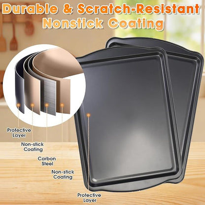 Baking Sheet with Cooling Rack, 17” x 12” Nonstick Carbon Steel Cookie Sheets Pan Set with Wire Racks for Baking and Cooking, Baking & Cookie Sheet Pan Oven Tray Non Toxic (2 Pans + 2 Raised Racks)