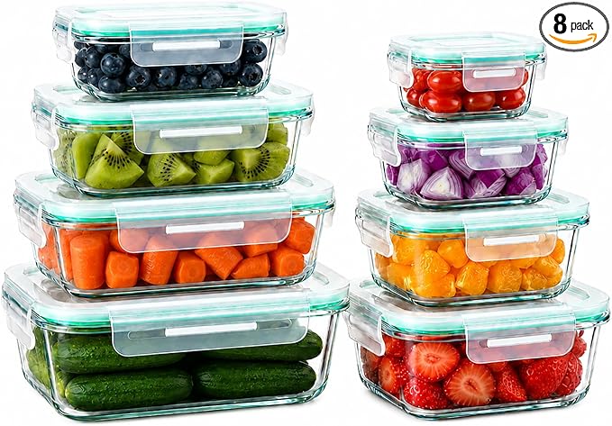 Peaktet 8 Pack Glass Food Storage Containers with Lids, Airtight Meal Prep Containers Set, Leakproof Glass Lunch Containers, BPA-Free Locking Lids, Oven Microwave Freezer Dishwasher Safe