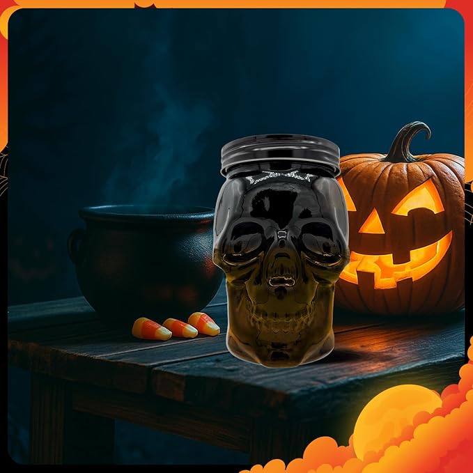 DURA LIVING Set of 2 Skull Mason Jar Glasses with Lids | 42oz Reusable Halloween Drinking Glasses | Unique Skull Décor, Storage, & Canning Jars for Parties & Gifts