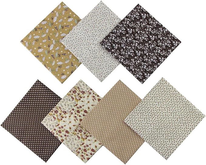 7PCS Different Patterns Printed Cotton Fabric Squares 50 cm x 50 cm Handmade Craft Cloths Bundle for Sewing Patchwork, Quilting, DIY Scrapbooking Tissue (Brown)