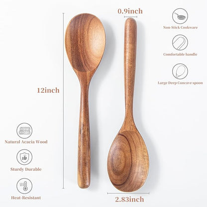 Wooden Cooking Spoons, 2 PCS Large Wooden Spoons for Cooking Natural Wood Spoons Heat Resistant Non Stick for Mixing, Baking, Serving and Stirring