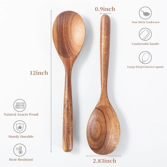 Wooden Cooking Spoons, 2 PCS Large Wooden Spoons for Cooking Natural Wood Spoons Heat Resistant Non Stick for Mixing, Baking, Serving and Stirring