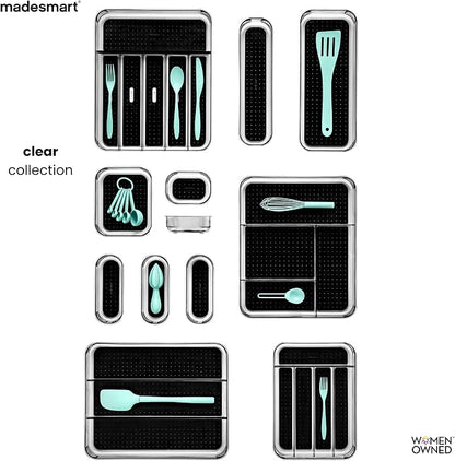 madesmart Premium 3 Compartment Clear Drawer Organizer, Multi-Purpose Storage with Soft Grip Lining & Non Slip Base, Carbon