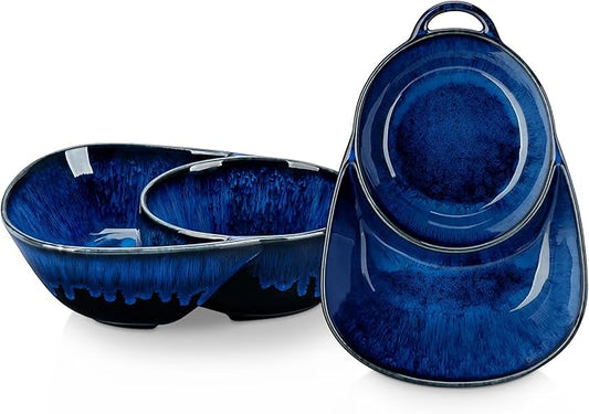 vancasso Starry Chip and Dip Bowl, Anti-Soggy Cereal Bowl, Soup and Sandwich Plate Combo, Breakfast Powls, Divided Snack Bowls Gifts for Wedding Housewarming Party, 2 Pack(Blue)