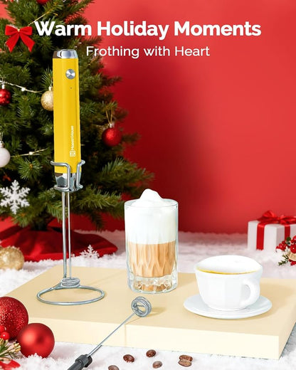 Maestri House Rechargeable Milk Frother with Stand, LunaFro Handheld Foam Maker for Lattes & Cappuccino, Christmas Gift for Coffee Lovers, Warm Yellow