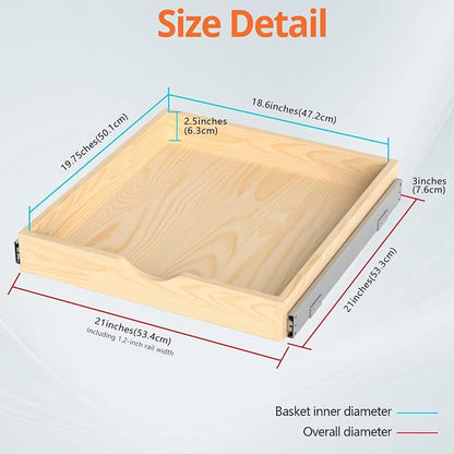 ZOINLIY 21''W X 21''D X 3''H Wooden Pull Out Drawer for Cabinet, Cabinet Organizer for Kitchen, Soft Close Slide Out Shelves, Heavy Duty, Full-Extension