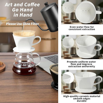 Mongdio Pour Over Coffee Maker, Ceramic Pour Over Dripper, Coffee Pour Over with 3 Holes Flat Bottom, Coffee Accessories for Home, Size 02 White