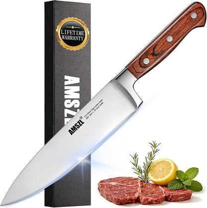 8 Inch Chef Knife, Ultra Sharp German Steel Full Tang | One knife for 90% of kitchen tasks: slice meat, dice vegetables, mince herbs, chop nuts. Replaces a drawer of mediocre blades