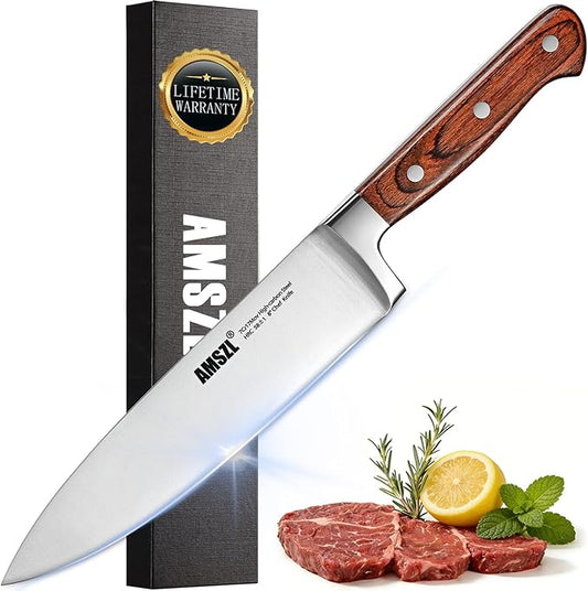 8 Inch Chef Knife, Ultra Sharp German Steel Full Tang | One knife for 90% of kitchen tasks: slice meat, dice vegetables, mince herbs, chop nuts. Replaces a drawer of mediocre blades