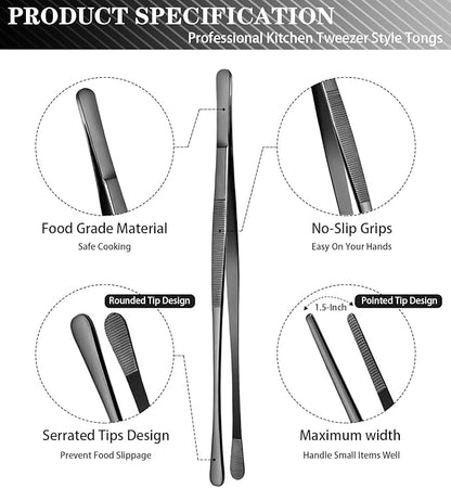 JETKONG 4 Pcs Kitchen Tweezers Professional Stainless Steel Cooking Tweezers Set, Black Kitchen Food Tweezer Tongs for Cooking, Repairing, and BBQ (10+12-Inch, Black)