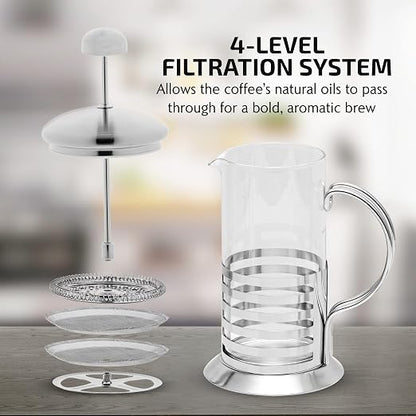 OVENTE French Press Coffee Maker 12 Ounce with Heat Resistant Borosilicate Glass, Stainless Steel Design and 4-Level Filter System, Portable Cold Brewer Pot for Travel, Camping or Gift, Silver FSH12S