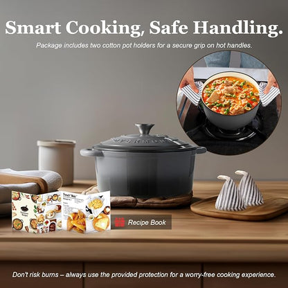 Overmont Enameled Cast Iron Dutch Oven - 7QT Pot with Lid Cookbook & Cotton Potholders - Heavy-Duty Cookware for Braising, Stews, Roasting, Sourdough Baking grey