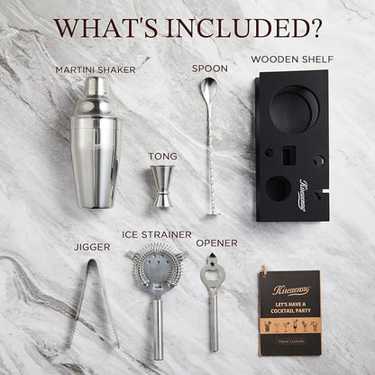 KITESSENSU Cocktail Shaker Set Bartender Kit, 6-Piece Silver Bar Set with Stand, Bar kit with Essential Bar Accessory Tools: Martini Shaker, Jigger, Strainer, Bar Spoon, Tongs, Opener