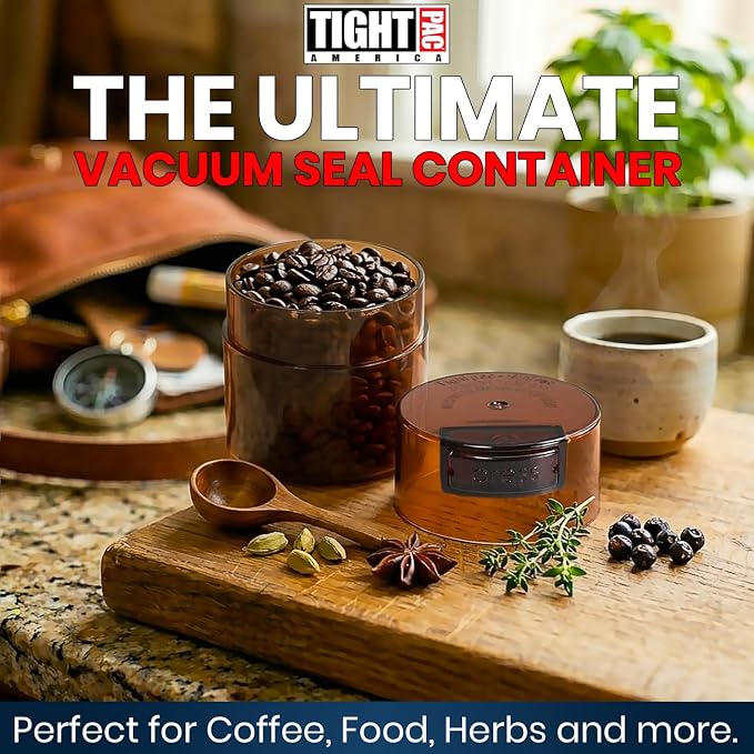 TIGHTPAC MINIVAC Portable Vacuum Seal Airtight Container – Keeps Coffee Beans, Grounds, Tea, Spices & Herbs Fresh Longer – Travel-Ready, NSF-Certified Food-Grade Storage, 10 to 30 Grams, Coffee Tint