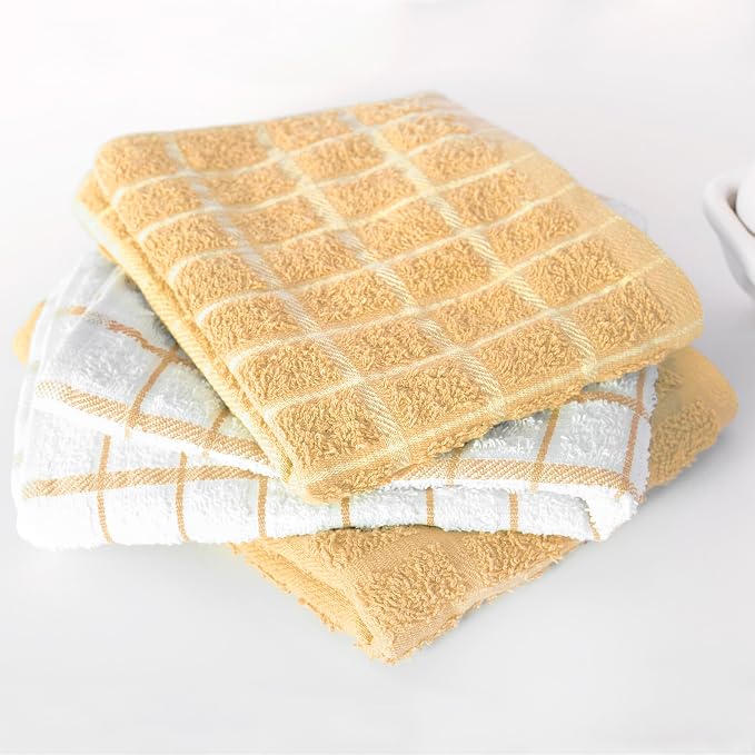 Ritz Premium 100% Cotton Terry Check Kitchen Dish Towels - Highly Absorbent, Super Soft, Long-Lasting, 25"x15", 3-Pack, Straw