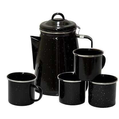 Stansport Enamel 8-Cup Percolator Coffee Pot and 4-Mug Set - Heavy-Duty Campfire Coffee Maker with 12oz Mugs - Percolator Stem Included - Double Baked Enamelware for Camping, Hiking, RV & Cabin