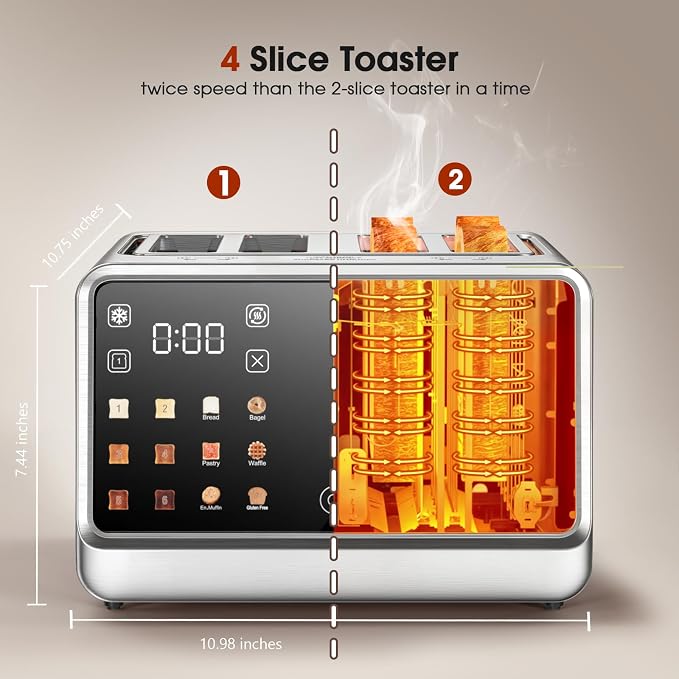 Smart Toaster 4 Slice with Dual Touchscreen, 1800W Stainless Steel Toasters Dual Zone Independent Control Extra Wide Slot 1.5 Inch, Single Slot Tech Timer for Bagel Waffle Bread