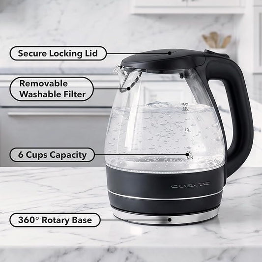 OVENTE Electric Kettle, 1.5L Borosilicate Glass Countertop Water Heater and Boiler for Coffee or Tea, BPA-Free, Auto Shut-Off, Boil-Dry Protection, Removable and Washable Spout Filter, Black KG83B