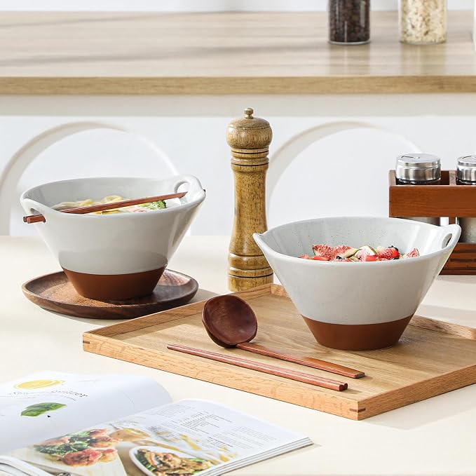 MALACASA 42 oz Ceramic Ramen Bowl Set with Wooden Spoon & Chopsticks, Japanese Style Soup Bowls for Ramen, Pho, Noodles – Set of 2, Microwave & Dishwasher Safe, Series TARA (Gray and Khaki)