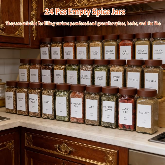 Spice Jars with Labels - 24 Glass Spice with Shaker Lids & Airtight Plastic Caps - 4oz Complete Seasoning Containers Organizer Set for Cabinet, Drawer & Rack (Brown)