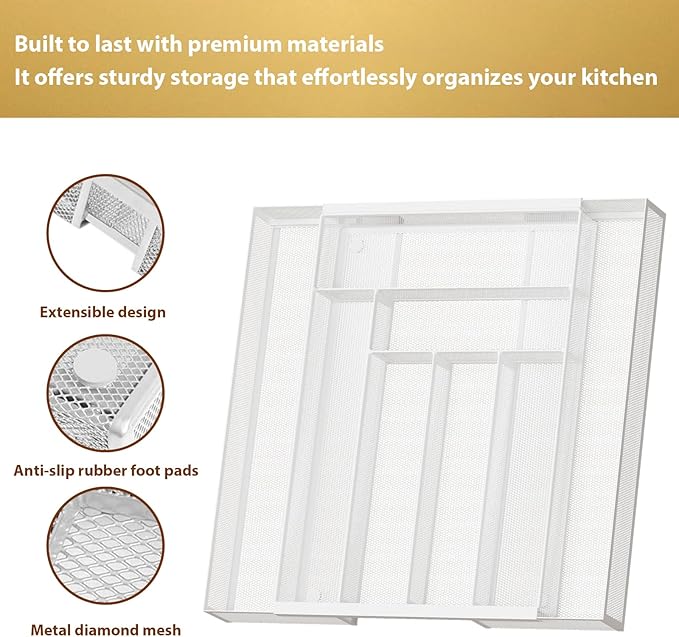 Sedegn Expandable Kitchen Utensil Organizer - 11.6" to 20" Adjustable Cutlery Tray with 6-8 Compartments - Fits Various Drawer Sizes & Holds Large Ladles Spatulas Forks Spoons & Knives White
