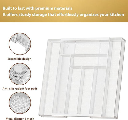 Sedegn Expandable Kitchen Utensil Organizer - 11.6" to 20" Adjustable Cutlery Tray with 6-8 Compartments - Fits Various Drawer Sizes & Holds Large Ladles Spatulas Forks Spoons & Knives White