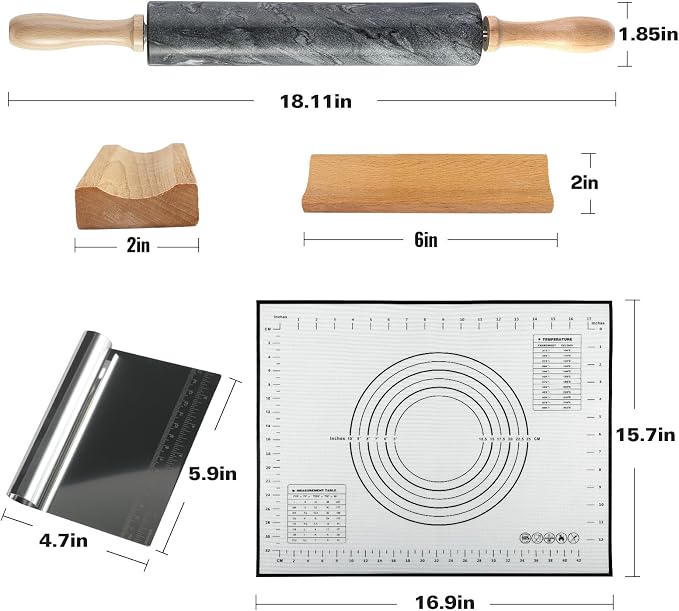 African Natural Marble Rolling Pin, Non-Stick Polished Dough Roller, Pasta, Dumpling, Fondant, Pie Crust, Bread, Pizza Dough, Kitchen Baking Pastry Tools with Mat/Scraper(Monte Grigio)